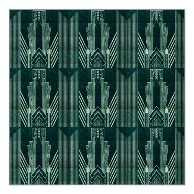 Póster Art deco, Verde, preto, padrão, art nouveau, vinta (Frente)