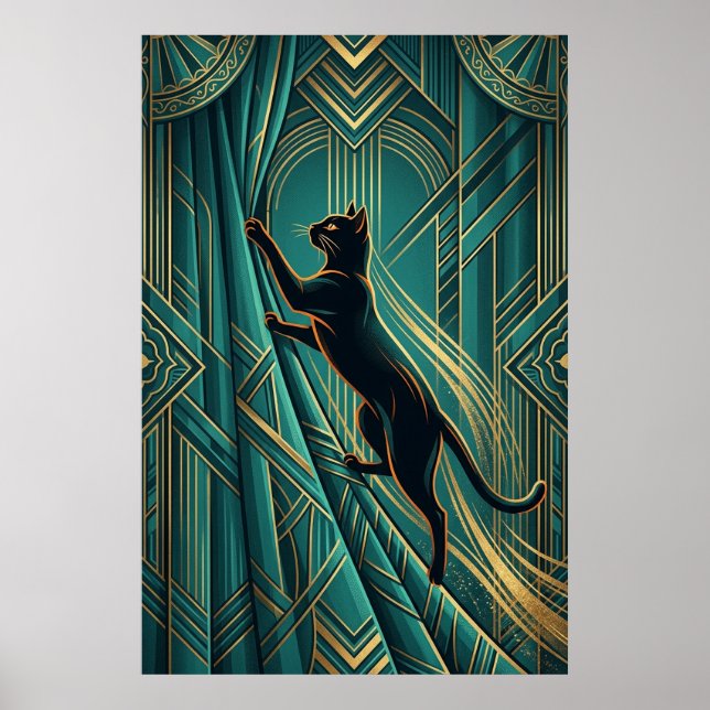 Poster Art Deco Windowsill Black Cat Wall Art (Frente)