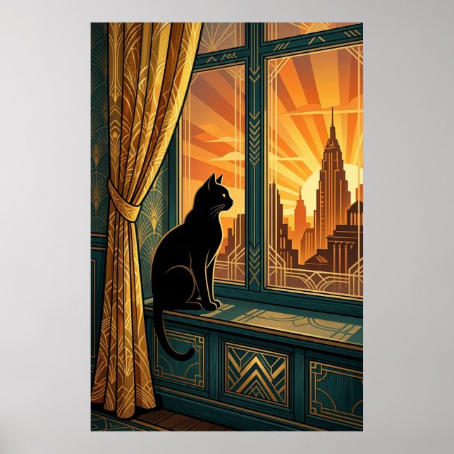 Poster Art Deco Windowsill Gazing Cat Wall Art (Frente)