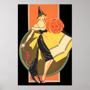 Póster Art Deco Witch Jack O Lantern Pumpkin