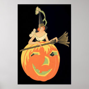Póster Art Deco Witch Jack O Lantern Pumpkin Broom