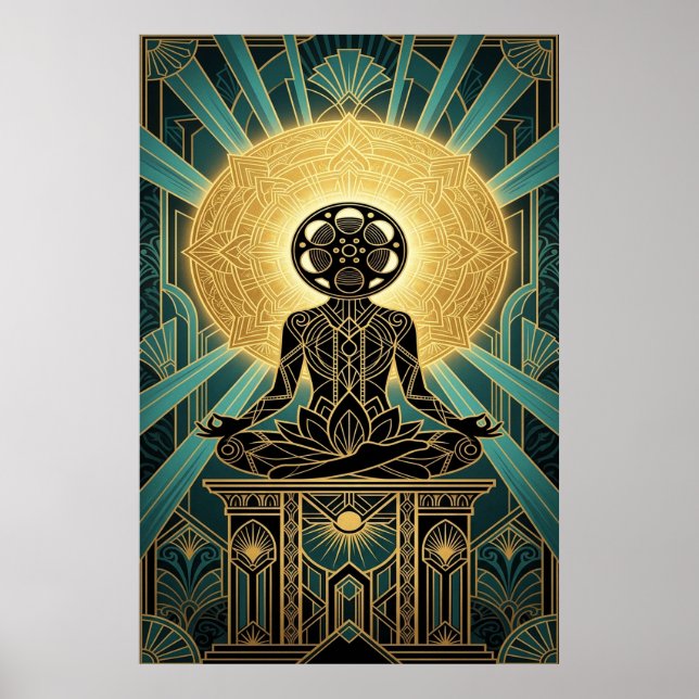 Poster Art Deco Zen Filme Meditação Dourado & Azul Turque (Frente)