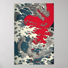 Poster Art Hokusai Die Welle mit Drachen