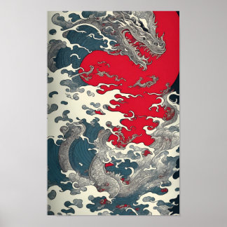 Poster Art Hokusai Die Welle mit Drachen