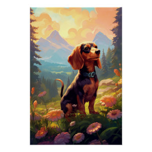 Póster Art Nouveau Dachshund Com Flores