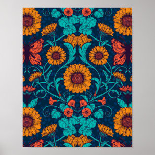 Poster Art Nouveau daisie em azul e amarelo