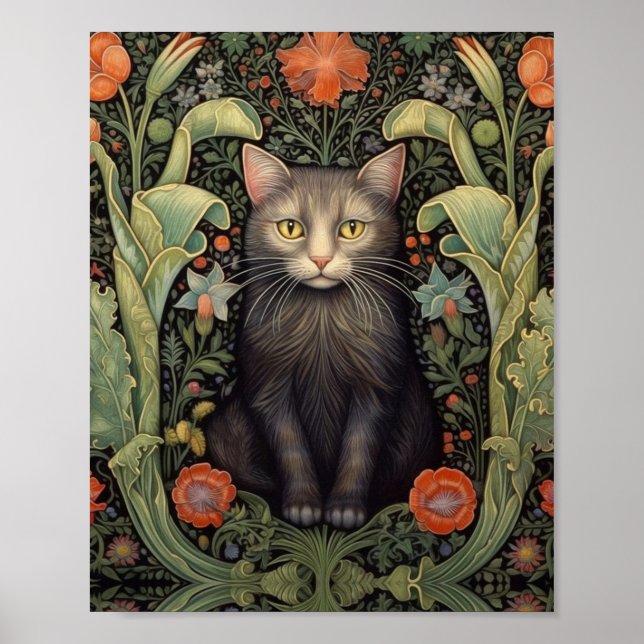 Poster Art nouveau gato preto e flores vermelhas (Frente)