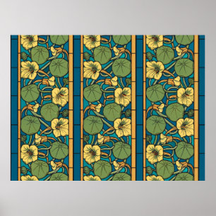 Póster Art Nouveau Nasturtium Azul Dourado floral Verneui