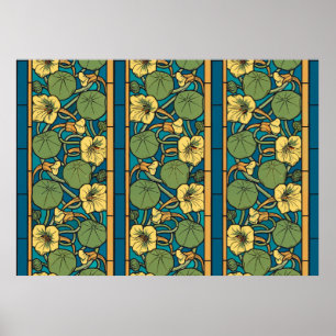 Póster Art Nouveau Nasturtium Azul Dourado floral Verneui