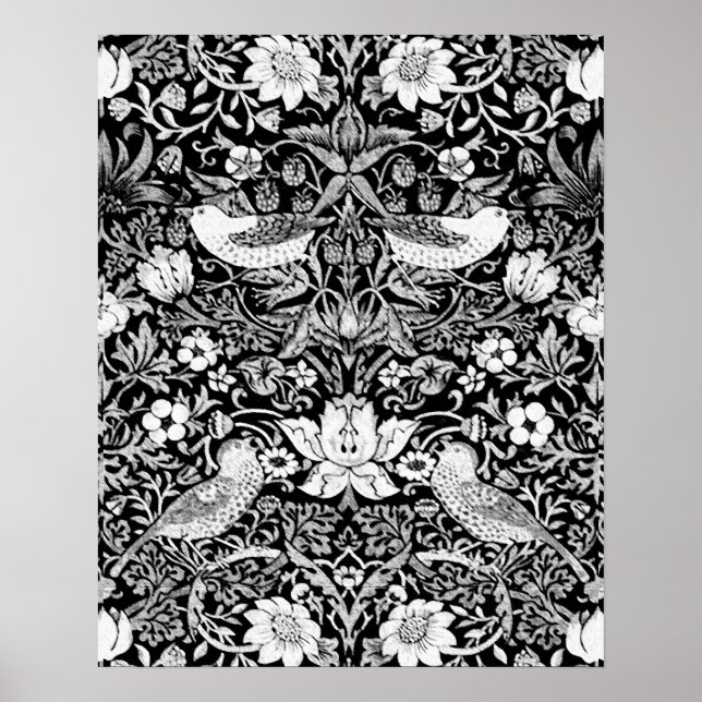 Poster Art Nouveau Pássaro e Flor, Preto e Branco (Frente)