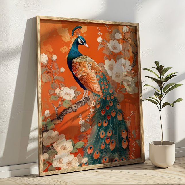 Poster Art Nouveau Peacock sobre Orange Floral (Criador carregado)