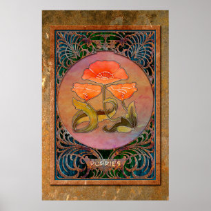 Póster Art Nouveau Poppies in Coppery Mucha Frame