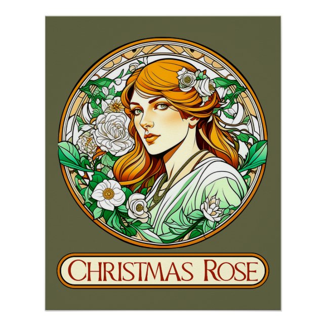 Póster Art Nouveau Rosa Mulher de Natal (Frente)