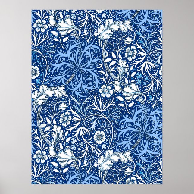 Poster Art Nouveau Seaweed Floral, Cobalt Azul e Branco (Frente)