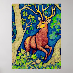 Poster Art Nouveau Stag em uma Floresta Fantástica