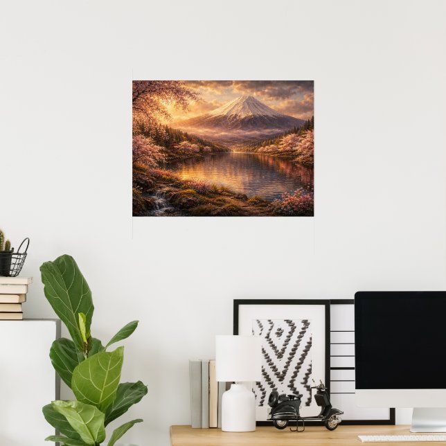 Poster Arte a Óleo de Monte Fuji & Flores de Cerejeira (Escritório em casa)