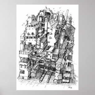 Poster Arte à tinta da cidade Cyberpunk