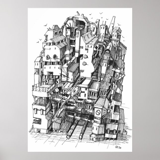 Poster Arte à tinta da cidade Cyberpunk (Frente)