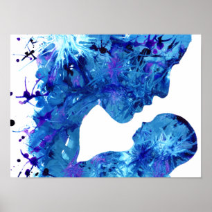 Póster Arte Abstrata Aquarela Azul Mãe e Filho