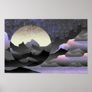 Poster Arte abstrata caprichosa da lua e montanhas