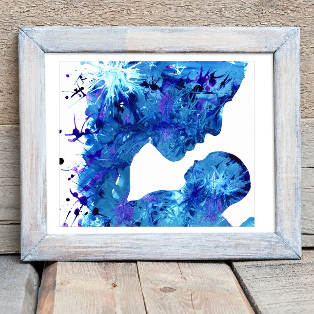 Póster Arte Abstrata de Aquarela Mãe e Filho Azul (Mother and child modern abstract blue watercolor art poster by artist Catherine Sweetman )