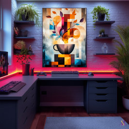 Poster Arte Abstrata de Café - Xícara Geométrica e Vapor