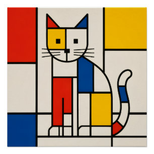 Póster Arte Abstrata de Gato Geométrico Estilo Mondrian P