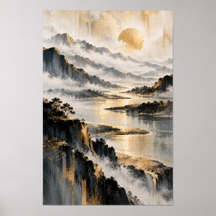 Poster Arte abstrata de parede de montanha e lago nevoeir