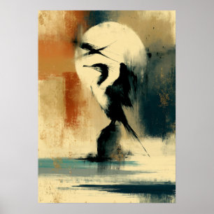 Poster Arte Abstrata de Pelicano Perikan Japonês Sumi-E n