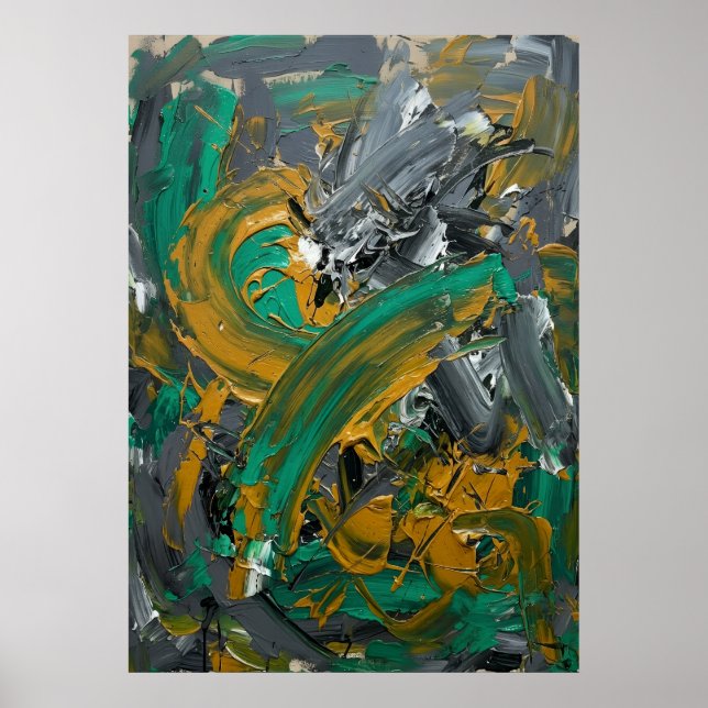 Poster Arte Abstrata de Pincelada Verde e Mostarda (Frente)