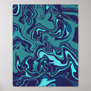Poster Arte Abstrata Escura Giratória em Azul e Turquesa