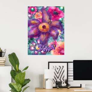 Poster Arte Abstrata Floral Caprichosa Teal Personalizada