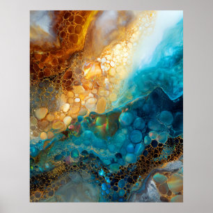 Poster Arte Abstrata Fluida Azul e Dourada