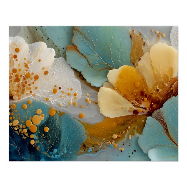 Póster Arte Abstrata Fluida em Verde-azulado Dourado (Frente)