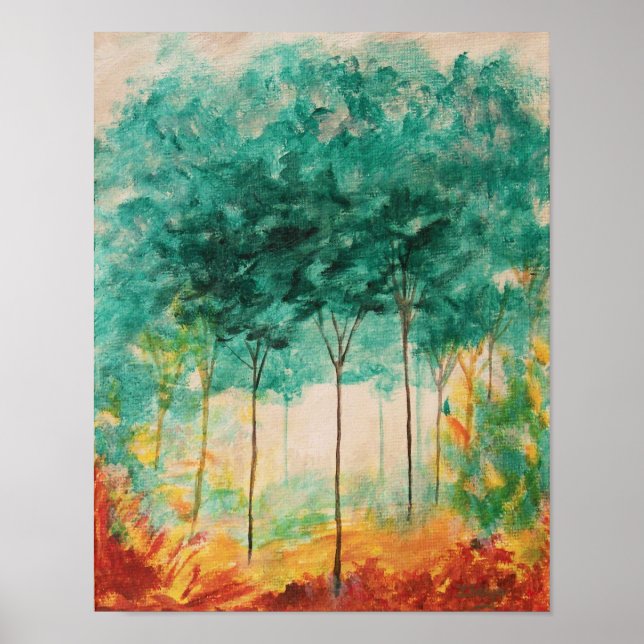 Póster Arte abstrata paisagem árvores pintura, turquesa,  (Frente)