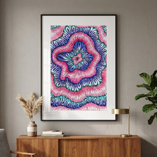Poster Arte abstrata psicodélica em rosa e azul com linha