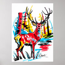 Arte Abstrata Vibrante da Floresta com Cervo - Art