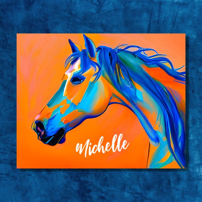 Poster Arte Abstrato de Cavalo Personalizada Azul e Laran (Personalized Blue and Orange Abstract Horse Art Poster)
