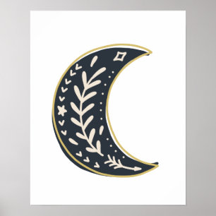 Poster Arte-Abstrato de-lua floral Dourada negra