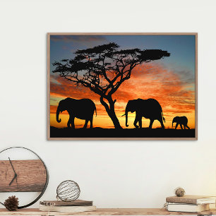 Poster Arte Africana Safari Sunset Elephant Silhouter