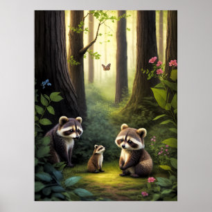 Poster Arte AI da Família Woodland Forest Animais Raccoon