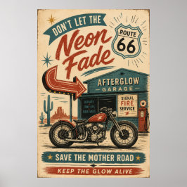 Poster Arte Americana em Neon de Moto Antiga da Rota 66