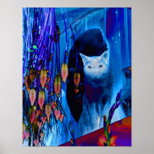 Poster Arte Animal de Abstrato de Gato Elétrico Azul Siam
