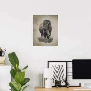 Poster Arte Animal de Bisão Búfalo com Visual Vintage em 