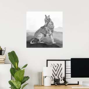 Poster Arte Animal de Lobo Uivando em Aquarela