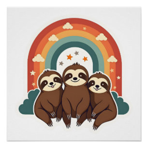 Póster Arte Animal Fofa Retro Arco-íris Preguiça Vintage 