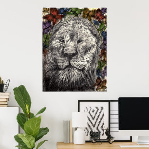 Póster Arte Animal Leão Borboletas Asas Sob as Minhas Asa
