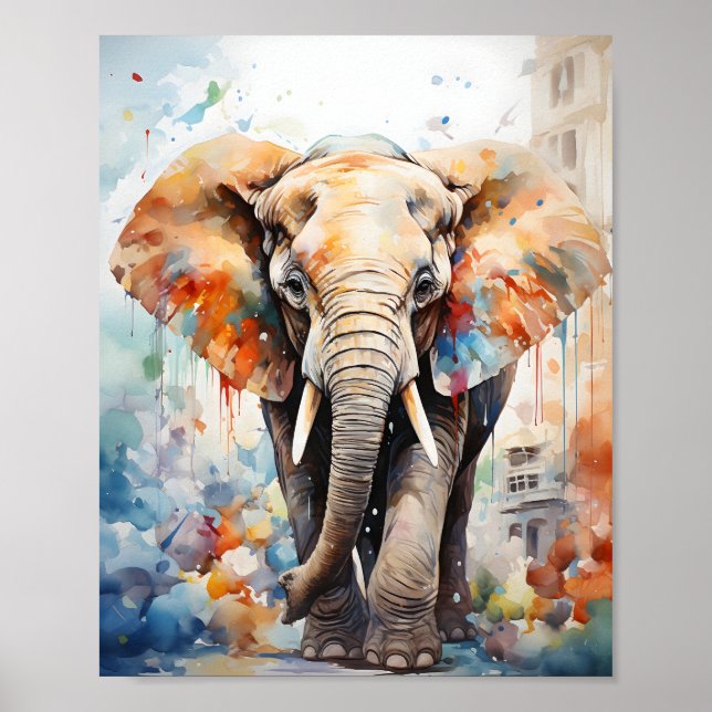 Poster Arte Animal Única De Aquarela De Elefante Selvagem (Frente)