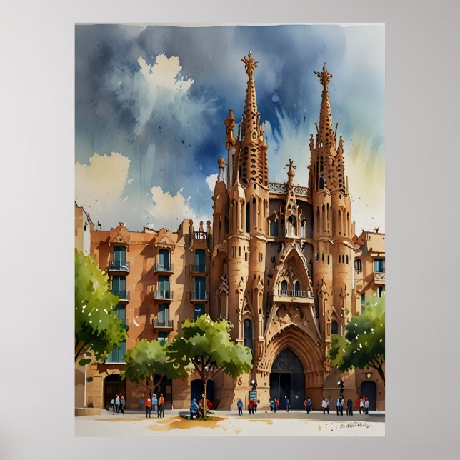 Poster Arte aquarela de Barcelona (Frente)