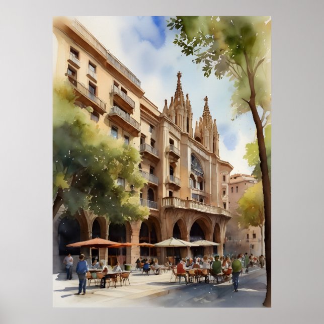 Poster Arte aquarela de Barcelona (Frente)